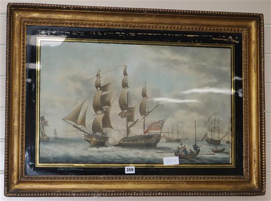 19th century English School, hand coloured aquatint, British Naval vessels in harbour, 15 x 24.5in.